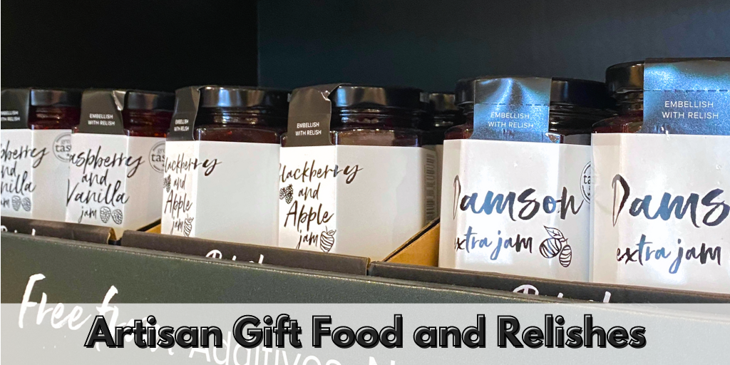 A selection of relishes including damson extra jam, rasberry jam and five fruits. 