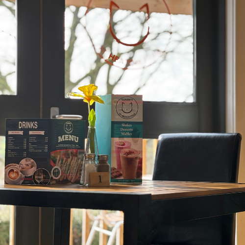 A picture of a cafe table, with menus, salt and pepper and a vase with a single daffodil in it.